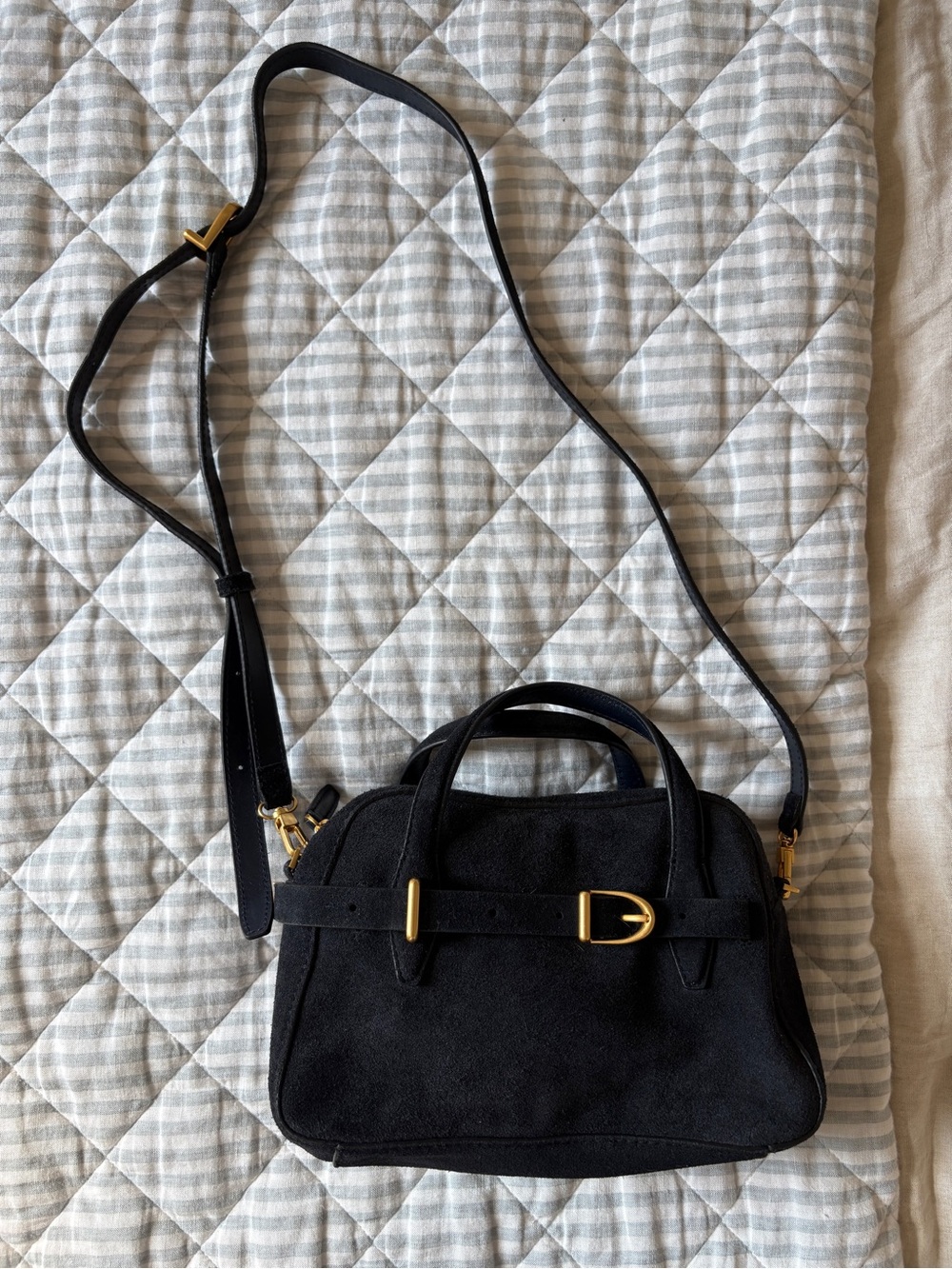 Madewell Navy Suede Buckle Crossbody Bag with Gold Hardware